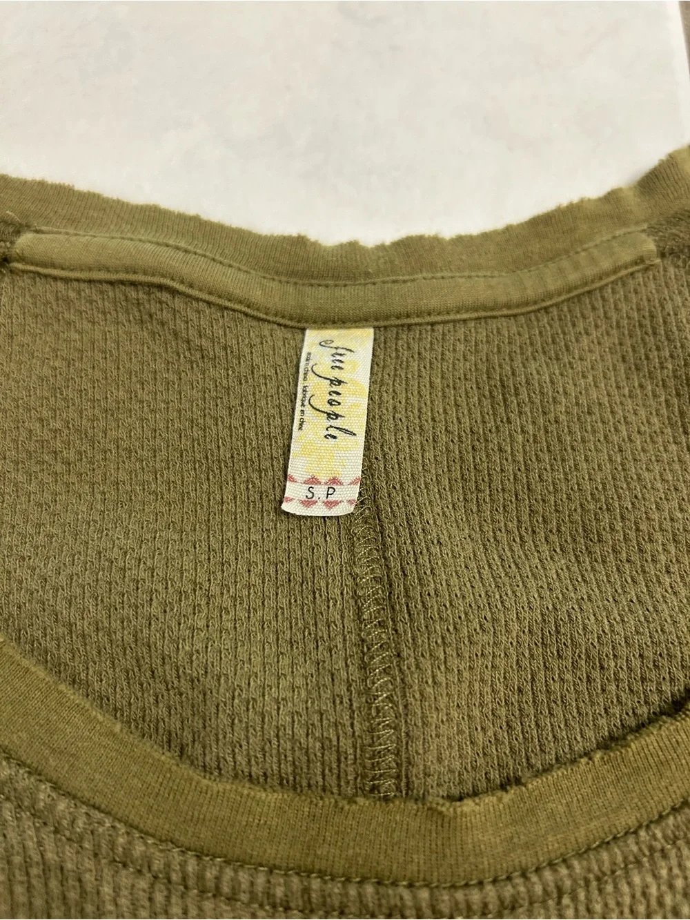 Free People Olive Green Waffle Knit Long Sleeve with Embroidered Cuffs
